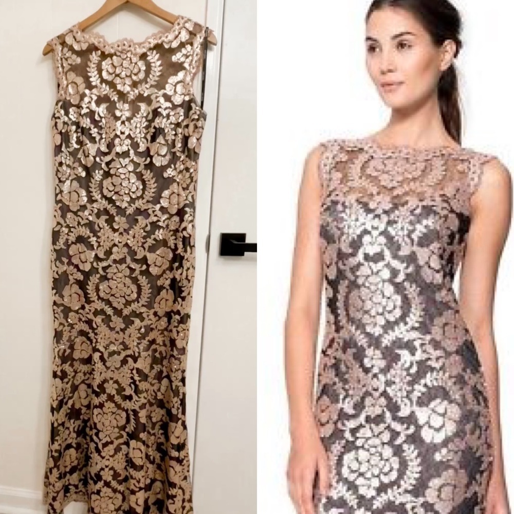 Tadashi Shoji black gold illusion sequins gown size 12